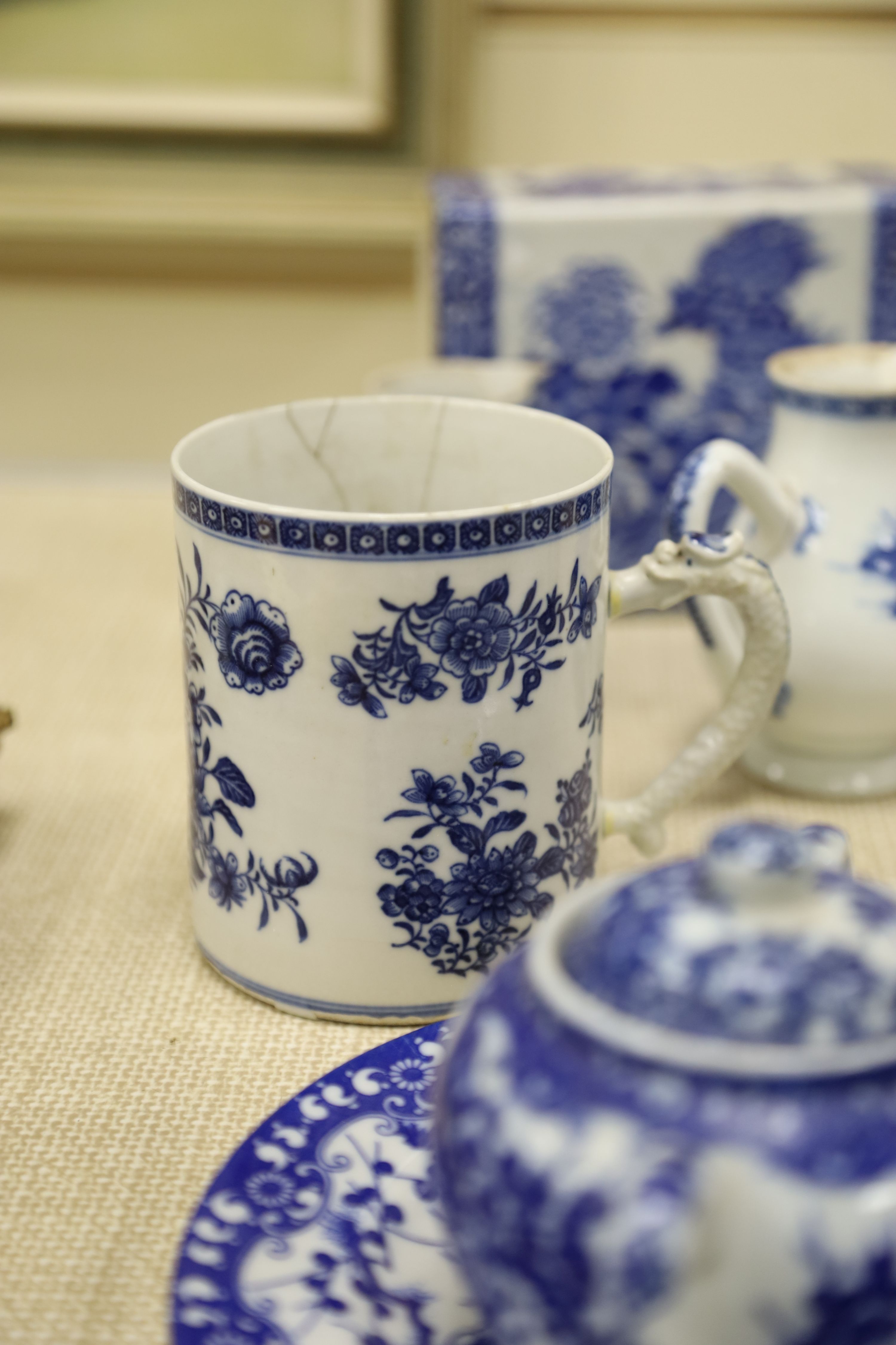 An 18th century Chinese export blue and white mug, 10.5cm, two porcelain pillows and sundry ceramics (a.f.)